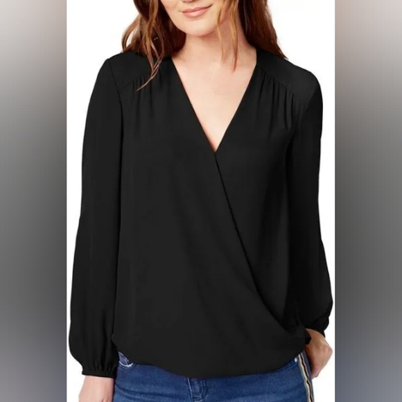 NWT INC Womens Black Surplice Neck Long Sleeve Blouse Size MEDIUM - Picture 1 of 16